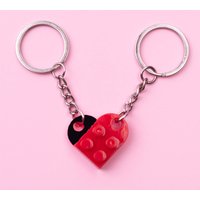 2Pcs Cute Love Heart Brick Keychain for Couples Friendship Women Men Lego Elements Key Ring Birthday Jewelry Gift