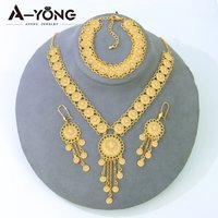 Arabian Wedding Gold Jewelry Set 21k Gold Plated Turkish Coins Pendant Necklace Dubai Women Event Party Vintage Jewelrys