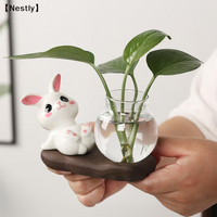 Cute Rabbit Hydroponic Plant Vases Transparent Glass Vase Tabletop Decoration Aquatic Flower Bottle With Wooden Base〔Nest〕