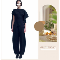Miyake Fold Women 2-piece Solid Color Patchwork Retro Top with Elastic Waist and Loose Folding Pants 2025 Spring New Female Set