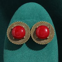 Vintage Ancient Gold Color Red Agate Stud Earrings Round Jewelry For Women Retro Accessories Luxury Designer 2025 New Trends