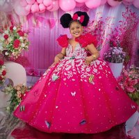 Luxury Beading Flower Girl Dresses Princess Hot Pink Customized Ball Gown Baby Girls First Birthday Party Pageant Dress