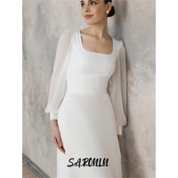 Simple Chiffon Wedding Dress With Square Neckline, Tea Length Reception Bride Dress With Full Lantern Sleeves Custom Made