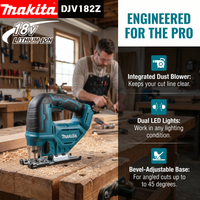 Scie sauteuse Makita DJV182 sans batterie, 18V, sans balais, pour le travail du bois, du plastique et du métal, sans batterie incluse
