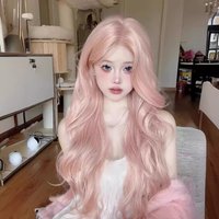 Long Curly Rose Pink Synthetic Hair Wigs with Middle-parted Bangs for Women Big Waves Curly Hair Wig Cosplay Costume Party Wig