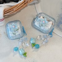 Fresh 3D Blue Flower Clear With Tulip Beaded Chain Pendant Shock Proof Earphone Cover Case for AirPods 1 or 2 3 4 Pro 2 Pro 3