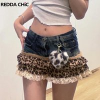 ReddaChic Retro Leopard Print Cake Skirt Pompom Heart Keychain Low Rise Liner Shorts Ruffle Mini Skirt Gyaru Y2k Women Bottoms