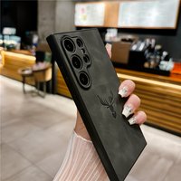 Artificial Leather Matte Phone Back Cover for Samsung Galaxy S26 S25 S22 S21 Ultra S24 S23 FE Note 10 20 Cartoon Deer Head Case