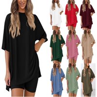 Women Ribbed Knit 2 Piece Loungewear Set Oversized Short Sleeve Split Side T Shirt + Elastic Waist Shorts Casual Summer Pajama M