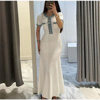 Elegant Simple Women Knit Maxi Dress Chic O-neck Short Sleeve Metal Buttons Bodycon Dresses Office Lady Commuting Chic Dress