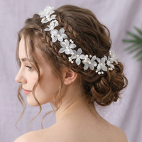 Elegant White Organza Flower Bridal Headband Pearl Floral Hair Vine Fairy Wedding Hair Accessories Bridesmaid Party Headdress