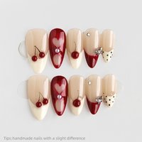 10pcs Handmade Nude Burgundy Cherry Press on Nails Almond Long Full Cover Wearable Reusable Korean Sweet False Nails 2026