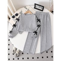 Kids Girls 2-Piece Casual Tracksuit Set, Heather Grey Raglan Sleeve Black Side Bow Decor Sweatshirt & Elastic Waist Wide Leg Swe