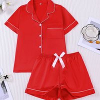 Women's French red imitation silk lapel short sleeved shorts set with contrasting colors and edging can be worn as outerwear