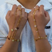 Stainless Steel Colorful Crystal Beads Flower Hand Chain Bracelet for Women Summer Dopamine Finger Ring Link Chain Beach Jewelry