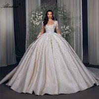 Alonlivn Luxury Satin Full Sleeves Ball Gown Wedding Dresses Beading Pearls 3D Appliques Lace Princess Bridal Gowns