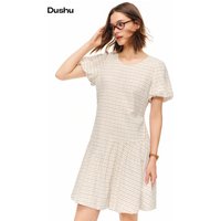 DUSHU 2026 Summer Women's Plaid Fit & Flare Short Sleeve Dress Asymmetric Bloom Hem - Fresh Youthful Style for Daily