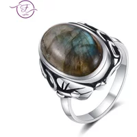 Vintage Natural Stone Ring for Women Men Labradorite Tiger Eye Silver Rings Retro Unisex Statement Jewelry Anniversary Gifts