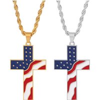 Men's Novelty America Flag Enamel Cross Pendant Necklace Gold/Silver Color Chain Christian Jesus Fashion Jewelry
