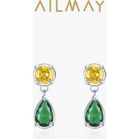Ailmay Fashion 925 Sterling Silver Yellow and Green Zircon Geometric Earrings For Women Party Wedding Jewelry