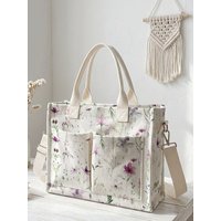 Watercolor Wildflower Print Corduroy Tote Bag Large Capacity Multi Pocket Nature Lover Commuter Shoulder Bag