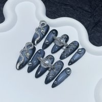Mysterious Cosmic Press On Nails Dark Blue With Diamond Snake Planet Design For Events With 3D Snake Planet Constellation Decor