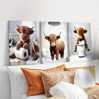 Modern Scottish Highland Cow Canvas Prints Cute Country Animal Wall Art Posters for Bathroom Living Room Farmhouse Decor Cuad