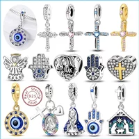 Religious Charms 925 Silver Plated Zircon Cross Angel Palm Devil's Eye Beads Pendant Fit DIY Bracelet Fashion Jewelry Making