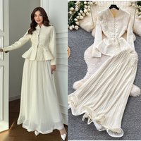 Women Two Piece Sets Skirt Set V Neck Full Sleeve Tops Long Skirts A Line High Waist Y2k Streetwear Elegant Work Pleated Party