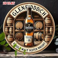 Vintage 2D Flat Round Tin Sign - "Glenfiddich 18 Year Single Malt Scotch Whisky" Retro Barrel Cellar Wall Decor For Whiskey Coll