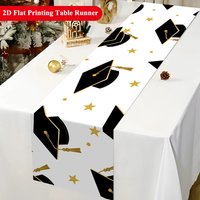 2D Flat Printing Table Runner 1pc Graduation Caps and Golden Stars Polyester Table Cover Holiday Season Party Desktop Decoration