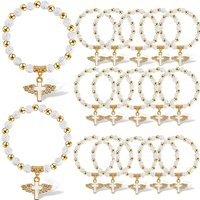 24pcs Beaded Cross Pendant Elastic Bracelets, Multifunctional, for Baptism, First Communion, Birthday, Wedding, Anniversary Gift