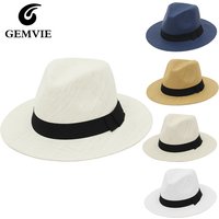 Summer Straw Panama Hat for Women Men Wide Brim Outdoor UV Protection Sun Beach Fedora Hats with Black Hatband