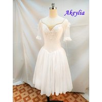 Akeylia White Ballet Dress Professional Half sleeve Ballet Costume competition for adult Solo performance skirt to knee JNBL194