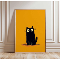 Black Cat Poster, Cute Cat Wall Art Print, Bold Orange Background, Funny Minimalist Cat Illustration, Quirky Animal Decor for Ca