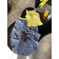 Korean Style Casual Color Sleeveless Vest Sleepwear Women's Spring Summer New Striped Long Pants Home Clothes Set