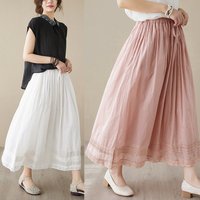 Loose Fit Floral Lace Half Skirt Elastic Waist Summer New Style Pure Color Umbrella Skirt Women's mid Waist A-Line Skirt