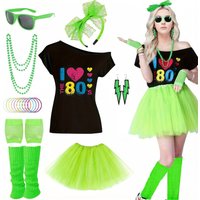 Women's 80s Costume Set Off-Shoulder T-Shirt Tutu Skirt Accessories Neon Outfit for Retro Parties Halloween