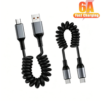 6A Spring Data Cord,1M USB C Cord,USB Type-C Fast Charging Wire,USB Car Mobile Phone Charger Cord,For iPhone Xiaomi Samsung POCO