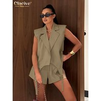 Clacive Fashion Loose Khaki Office Cotton 2 Pieces Set For Woman 2026 Summer Sleeveless Tank Top With High Waist Shorts Set Fema