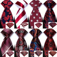 Wine Red Floral Dot Plaid Men Tie Pocket Square Set Fashion High Quality Suit Necktie Hanky Set Business Wedding Party Gift