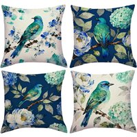 4Pcs Outdoor Botanical Throw Pillow Covers with Teal Bird and Hydrangea Art Cushion Cases for Balcony Patio Garden Home Decor