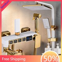 Luxury Thermostatic Bathroom Shower System White Gold Brass Bathroom Faucet Rain Shower Head Hot Cold Digital Bath Shower Set