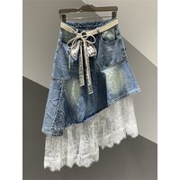 Summer 2026 New Style Lace Splicing Denim Half Skirt Women's Versatile A-Line Irregular Design Mid-Length Skirt