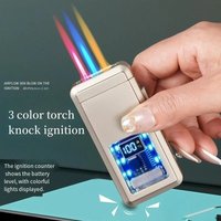 Voice Controlled LED Butane Lighter Three-Color Flame Counting Transparent Visual Movement Inflatable Windproof Cigar Lighter