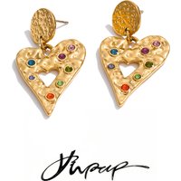 Yhpup Colorful Zirconia Hammer Metal Heart Drop Earrings Stainless Steel Trending Charm Jewelry Anti Allergic Accessories