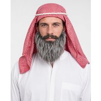 Men Arab Costume Set Red White Plaid Keffiyeh Headscarf + Grey Fake Beard Halloween Cosplay Accessory Kit for Party Carnival