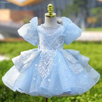 Girls Blue Party Dress Vestido Princess Gown Birthday Party Kids Elegant Piano Recital Pageant Formal Wear Children Costumes