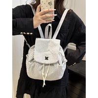 Simple Plaid Drawstring Backpack Large Capacity Portable Commuter Bag Canvas Hiking Bag College Student Shoulder Casual Bag