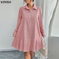 Plus Size 5XL VONDA Women Striped Mini Dresses Long Sleeve Fashion Print Oversized Vestidos 2026 Elegant Lapel Ruffle Party Robe